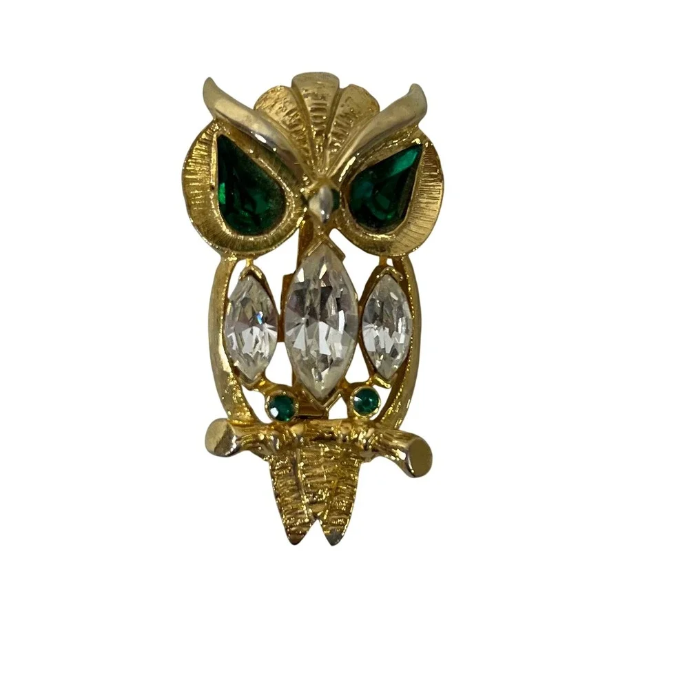 Vintage Owl Brooch Pin Gold Tone Green‎ Clear Rhinestone Whimsical Costume